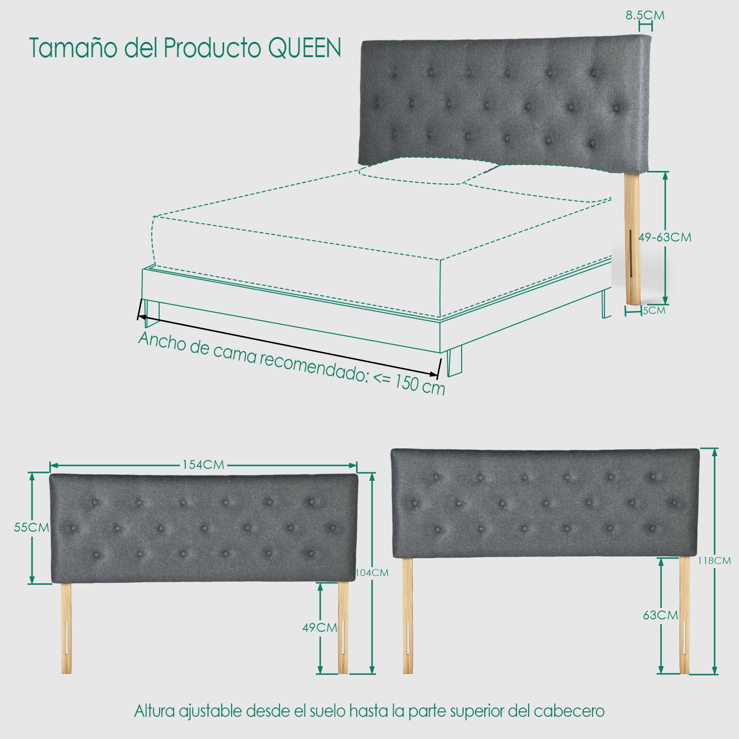 Foto 9 pulgar | Cabecera De Cama Queen Tapizada Con Altura Ajustable Patas De Madera Acolchada Yatahome Hydemu 156.5x8x55.5cm Gris