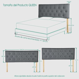 Foto 8 | Cabecera De Cama Queen Tapizada Con Altura Ajustable Patas De Madera Acolchada Yatahome Hydemu 156.5x8x55.5cm Gris