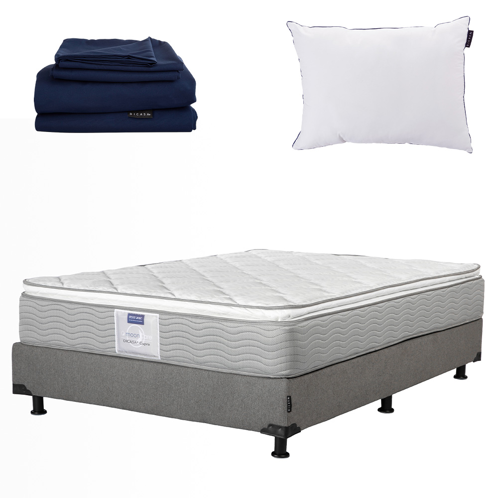 Colchón Dicasa Cupra Queen Size + Box Rivo color Gris +  Almohada  One + Sábanas Softy