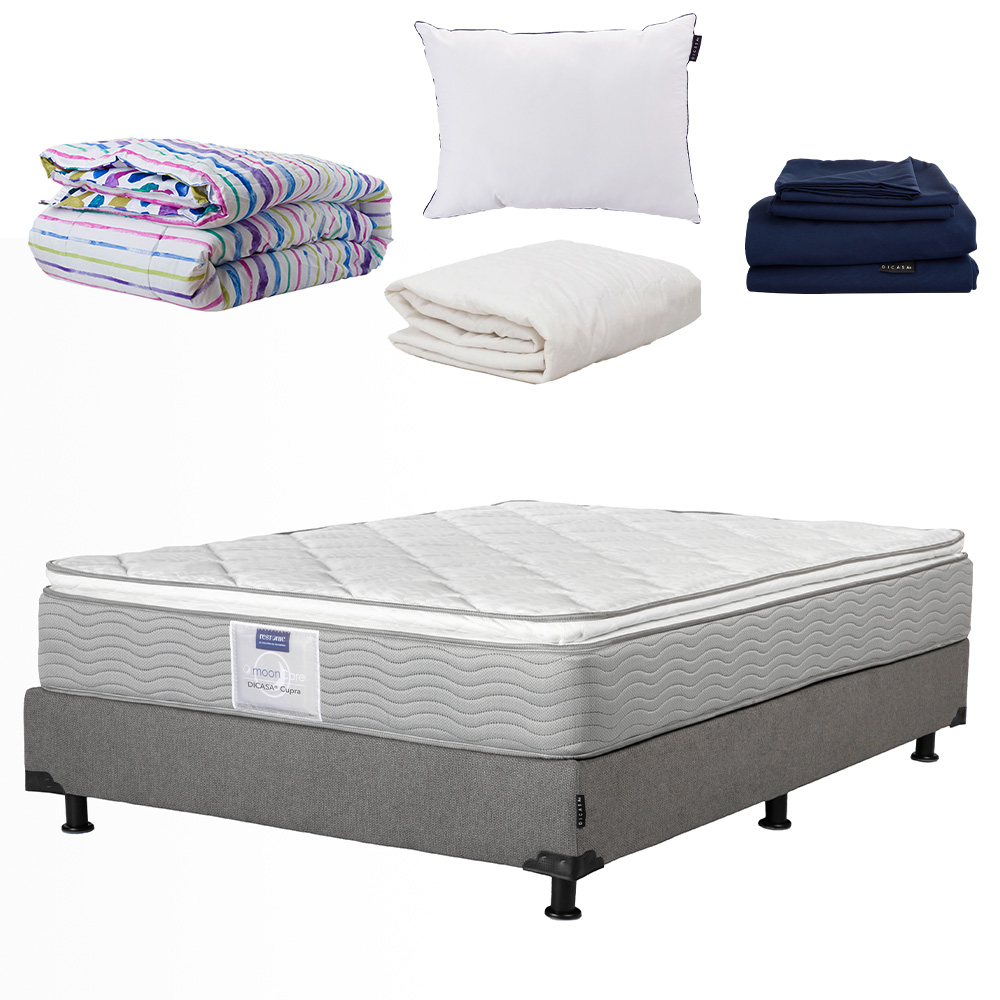 Colchón Dicasa Cupra Queen Size + Box Rivo color Gris + Almohada One + Sábanas Softy + Protector + Edredón