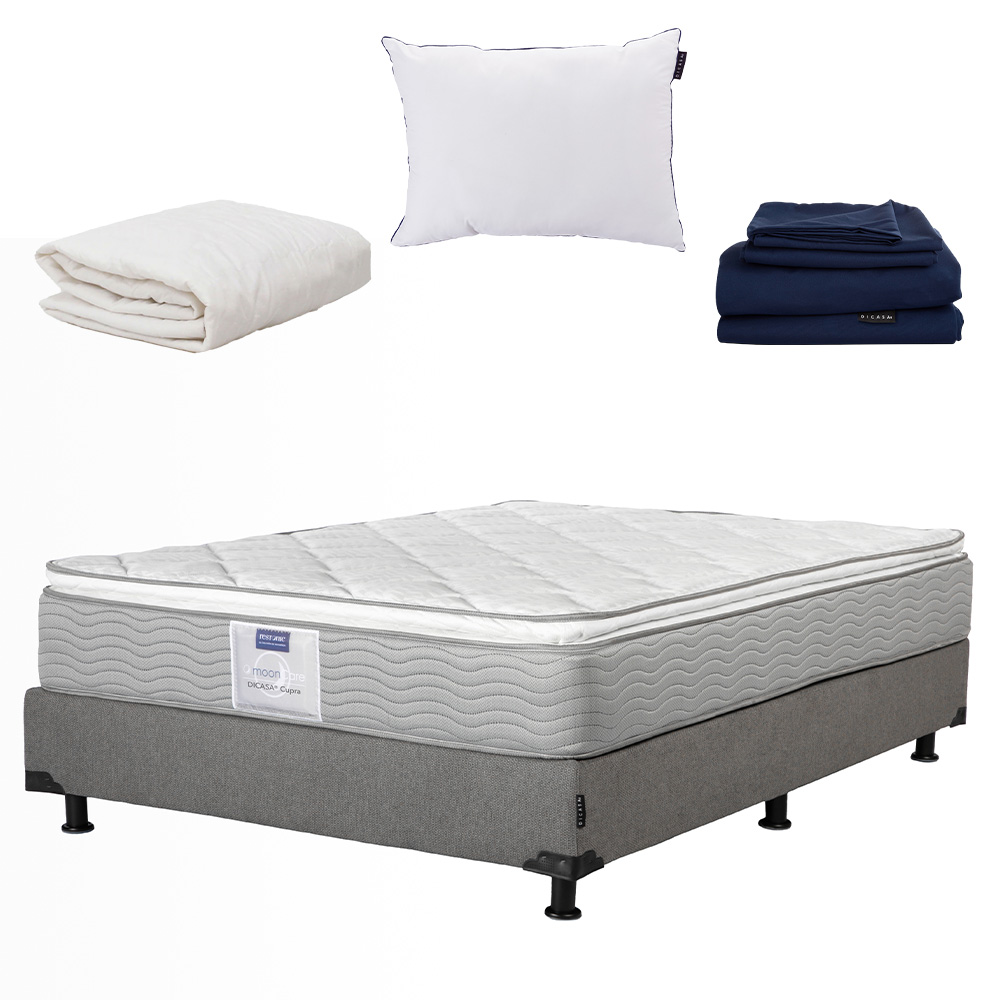 Colchón Dicasa Cupra Queen Size + Box Rivo color Gris + Almohada One + Sábanas Softy + Protector