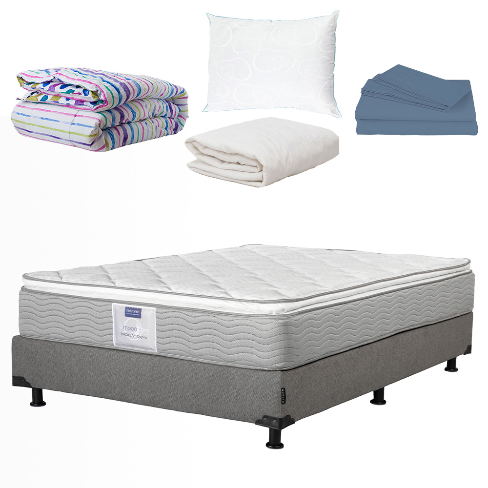 Colchón Dicasa Cupra Queen Size + Box Rivo Gris + Almohada  + Sábanas  + Protector + Edredón