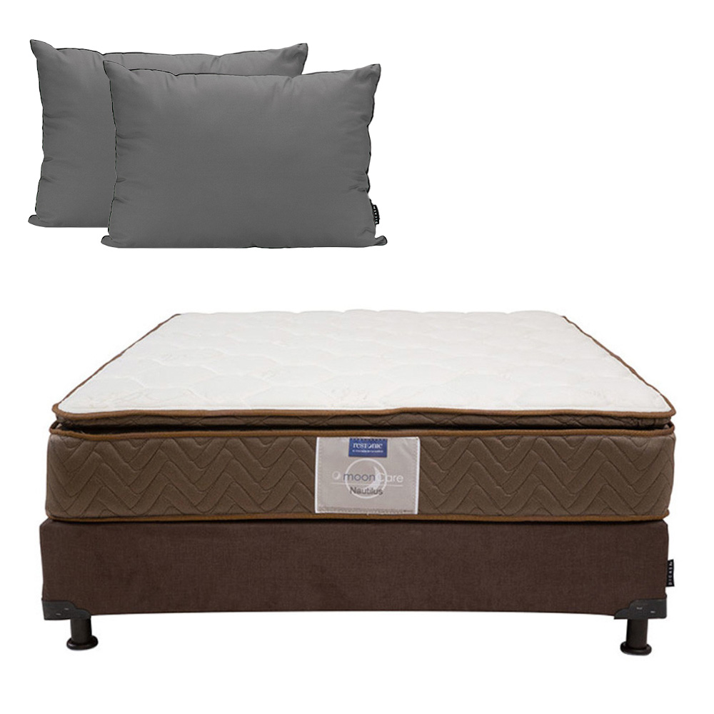 Colchón Restonic Nautilus Matrimonial + Box Dicasa Bless color Café + Almohadas 2-pack