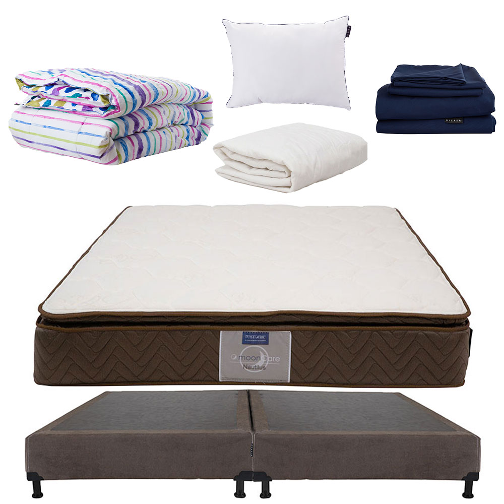 Colchón Restonic Nautilus King Size + Box Dicasa Bless + Almohada One + Sábanas Softy