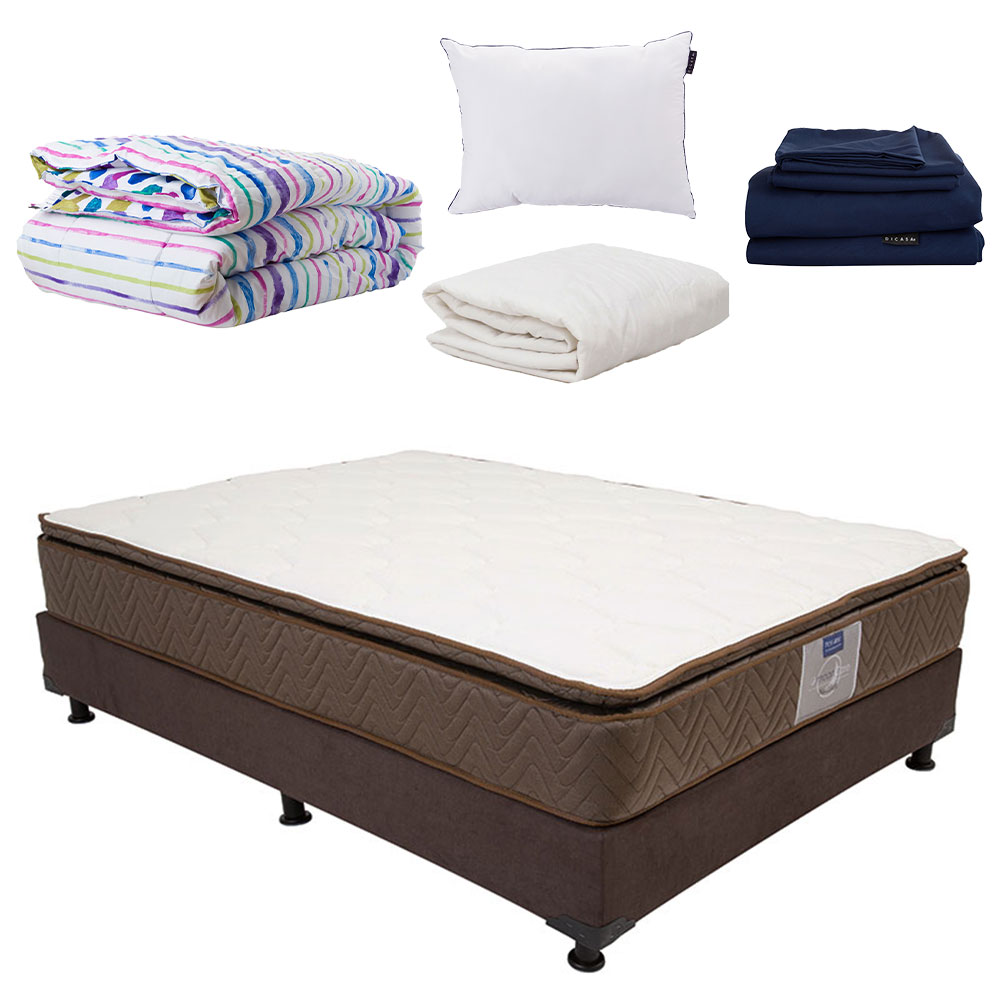 Colchón Restonic Nautilus Queen Size + Box Dicasa Bless + Almohada One + Sábanas Softy