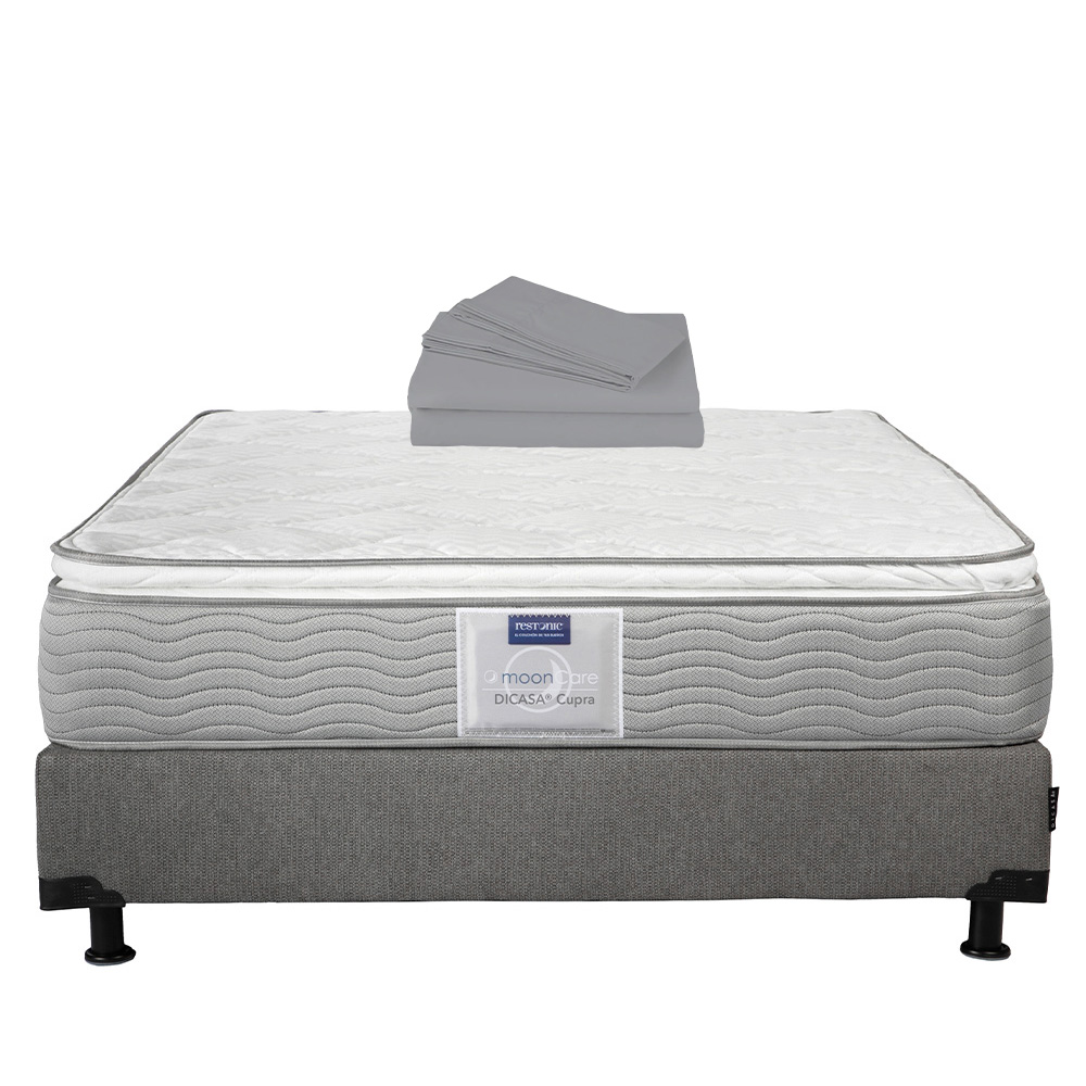 Colchón Restonic Cupra Queen Size + Box Dicasa Cupra color Plata + Sábanas Queen Size