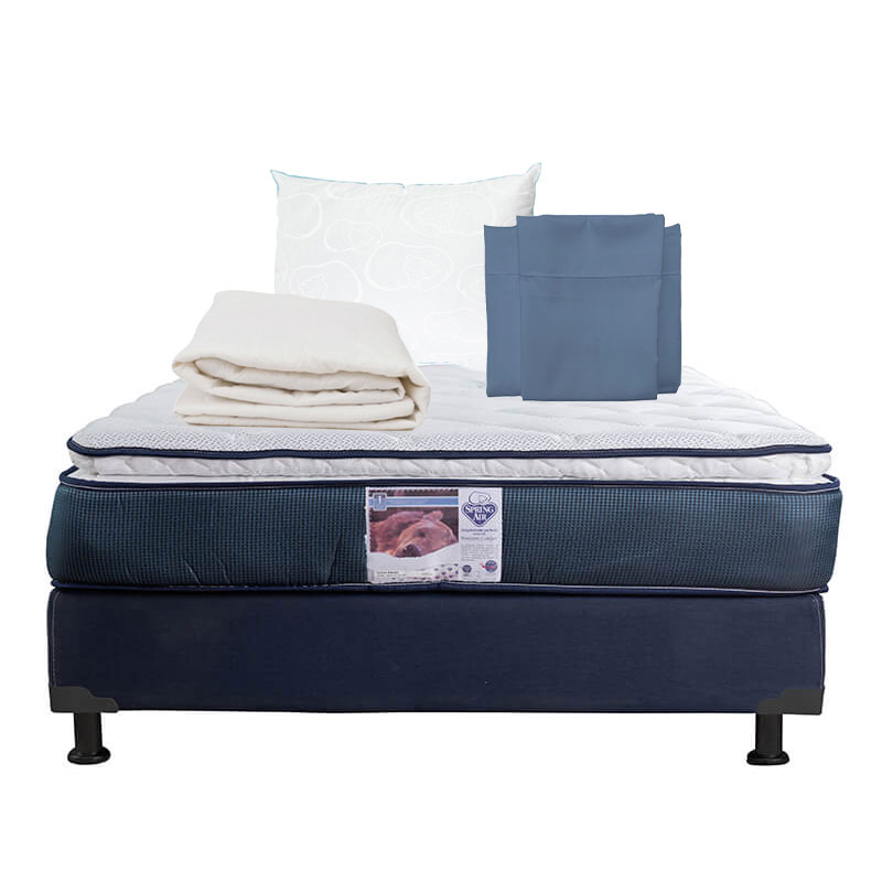 Colchón Spring Air Monaco+Box Dicasa Blu Color Azul Queen Size+Almohada Oso+Protector de Colchón