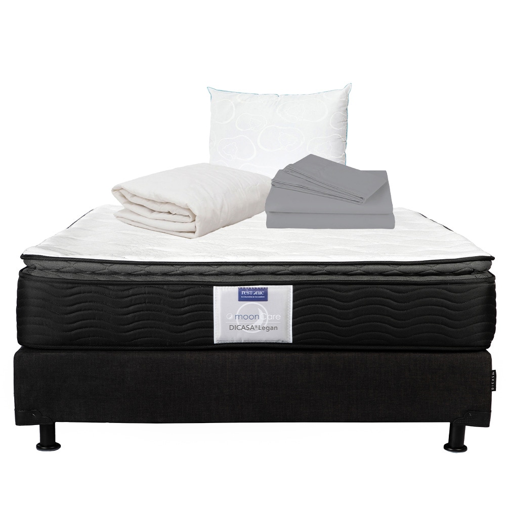 Colchón Restonic Legan Matrimonial + Box  Dicasa Color Negro + Almohada Oso + Protector De Colchón + Sábanas $8,199