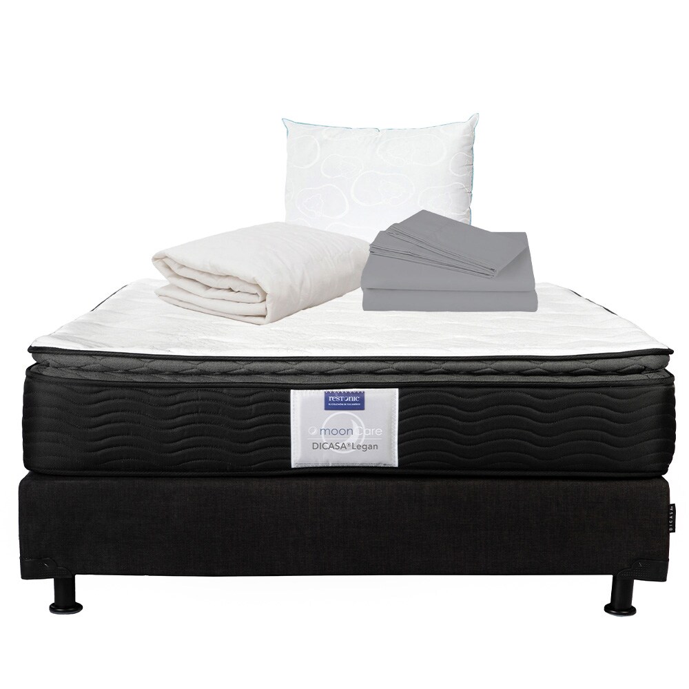 Colchón Restonic Legan Queen Size + Box Dicasa Color Negro + Almohada Oso + Protector De Colchón + Sábanas $9,049