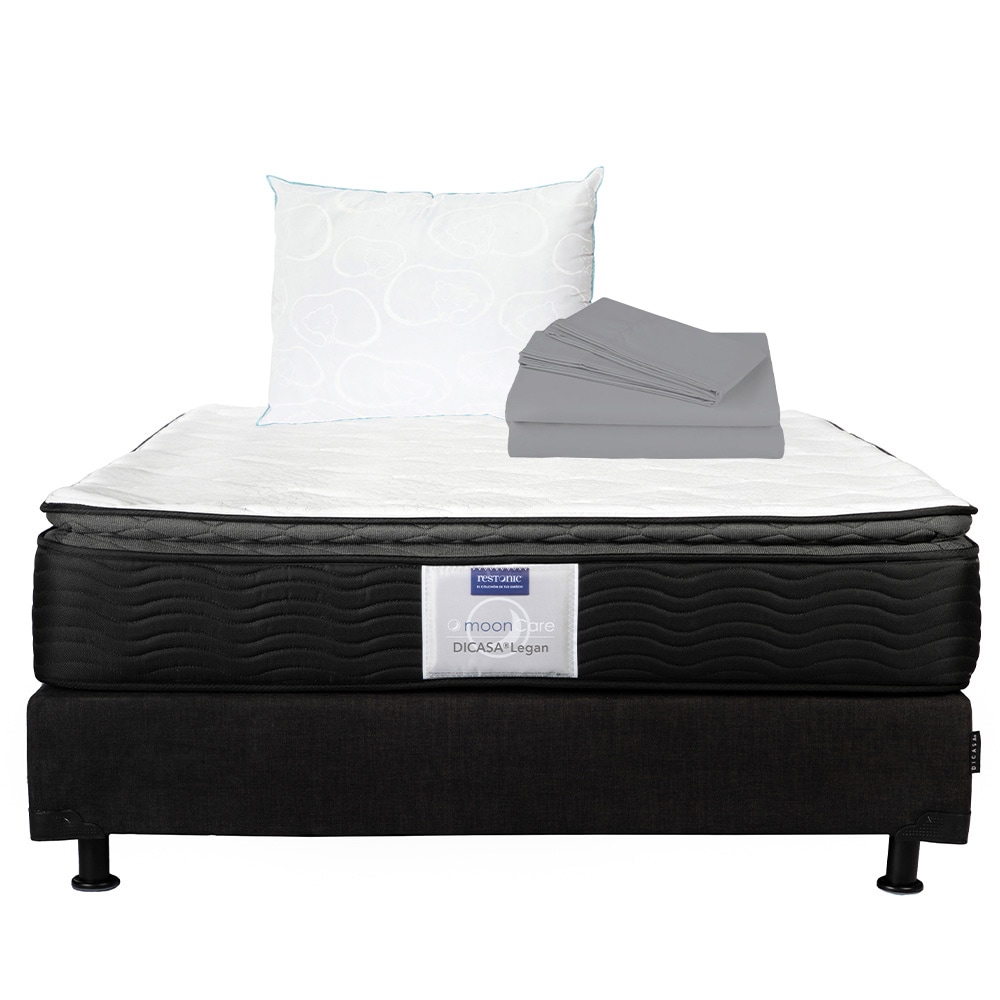 Colchón Restonic Legan Matrimonial + Box Dicasa Color Negro + Almohada Oso + Sábanas $10,599