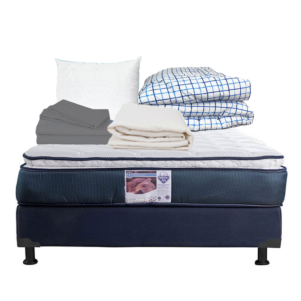 Colchón Spring Air Monaco +Box Dicasa Blu Color Azul Matrimonial+Almohada Oso+Protector de Colchón
