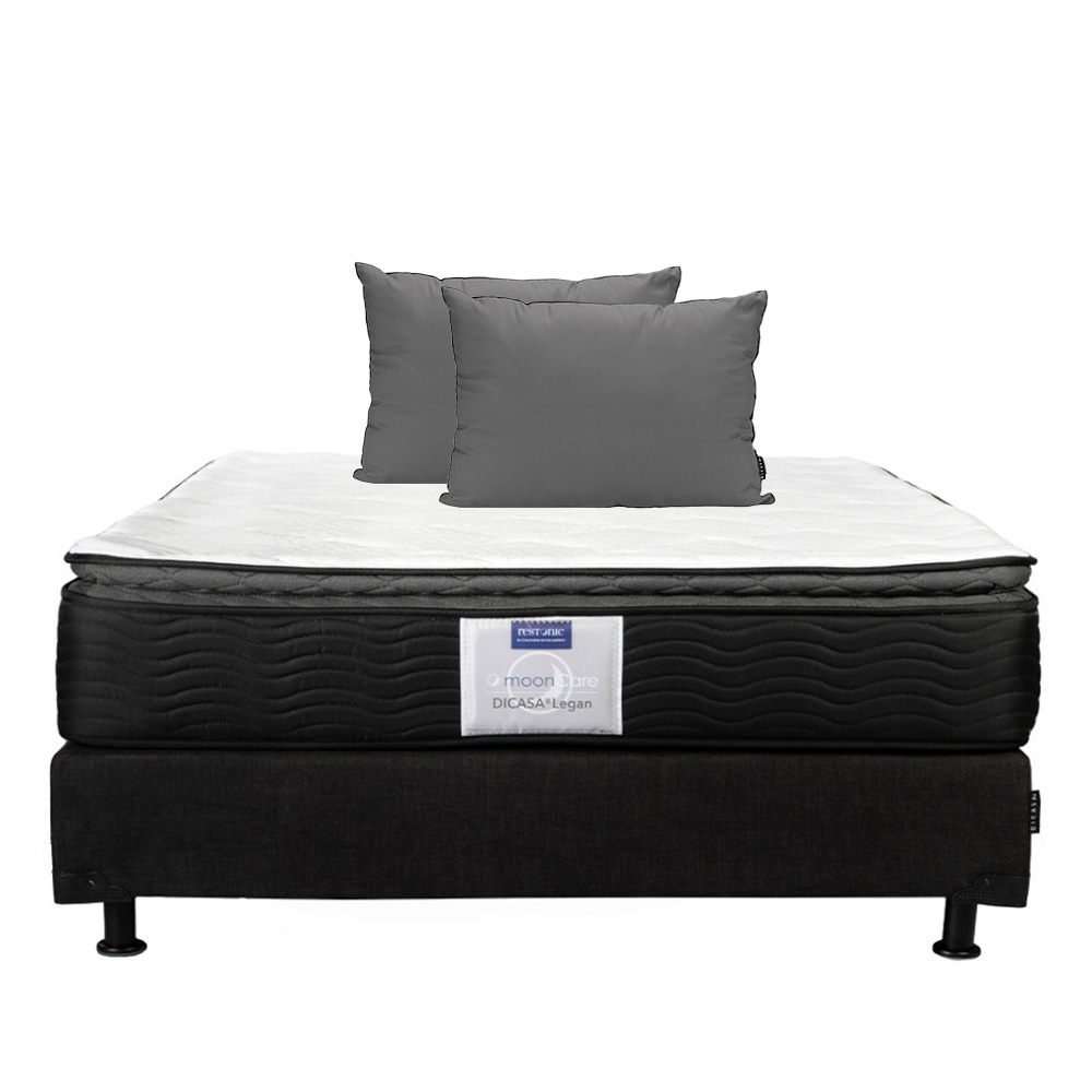 Colchón Restonic Legan Queen Size + Box Dicasa Color Negro + 2 Almohadas Pack