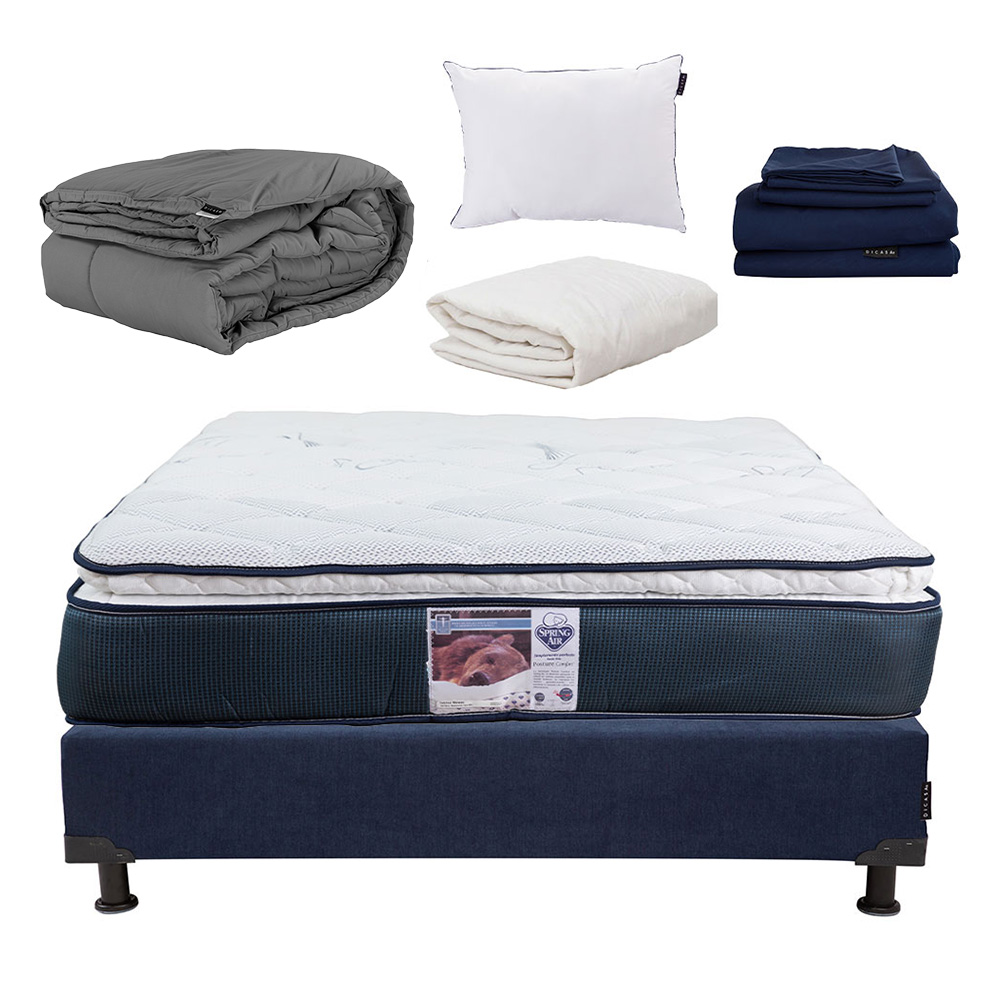 Colchón Spring Air Monaco +Box Dicasa Blu Color Azul Queen Size+Almohada Oso+Protector de Colchón