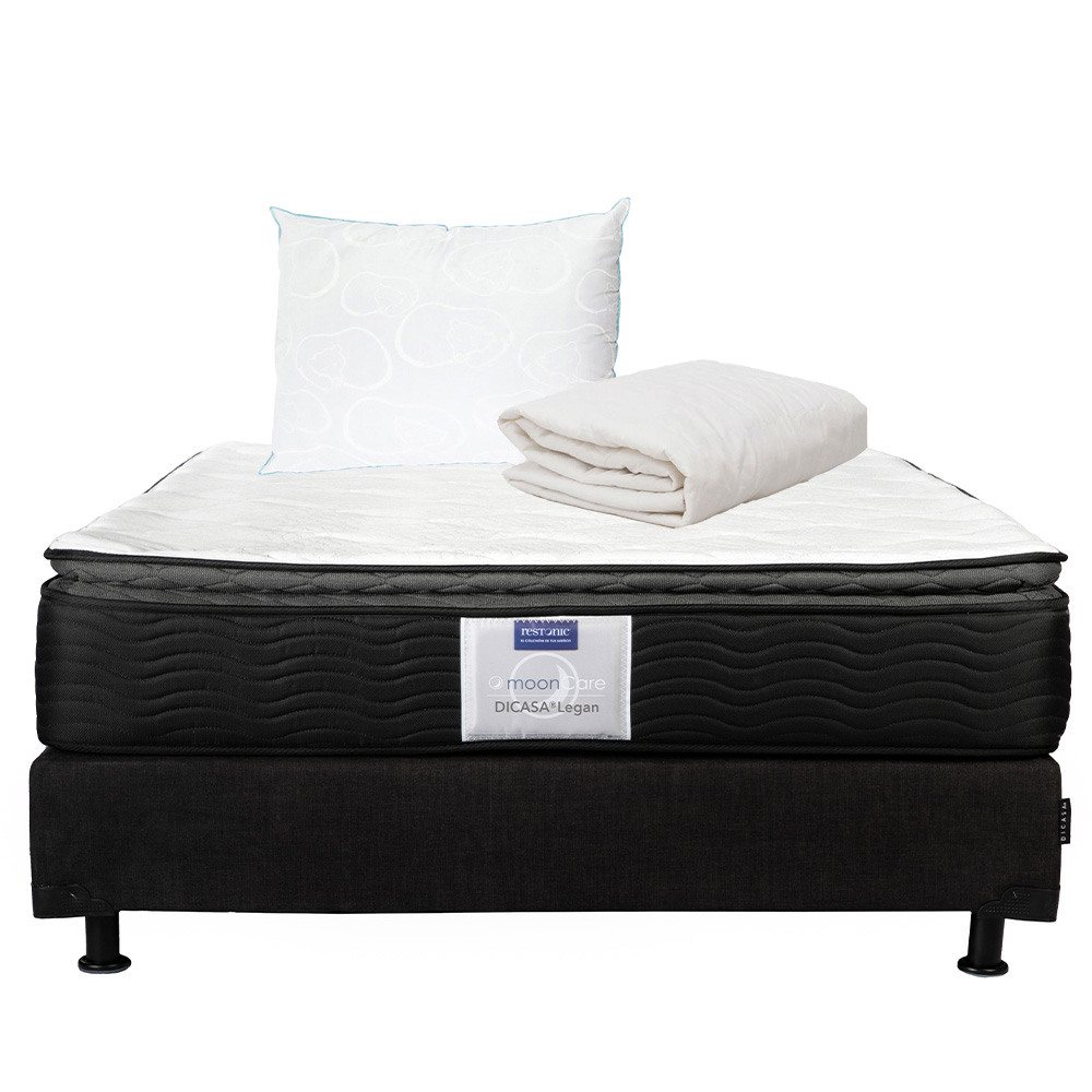 Colchón Restonic Legan Queen Size + Box Dicasa Color Negro + Almohada Oso + Protector De Colchón