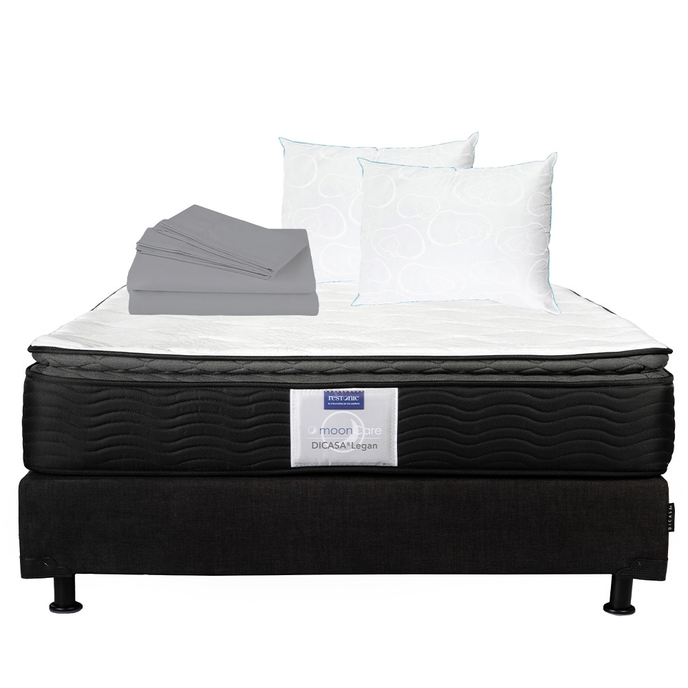 Colchón Restonic Legan Queen Size + Box Dicasa Color Negro + 2 Almohadas Osos + Sábanas $8,499