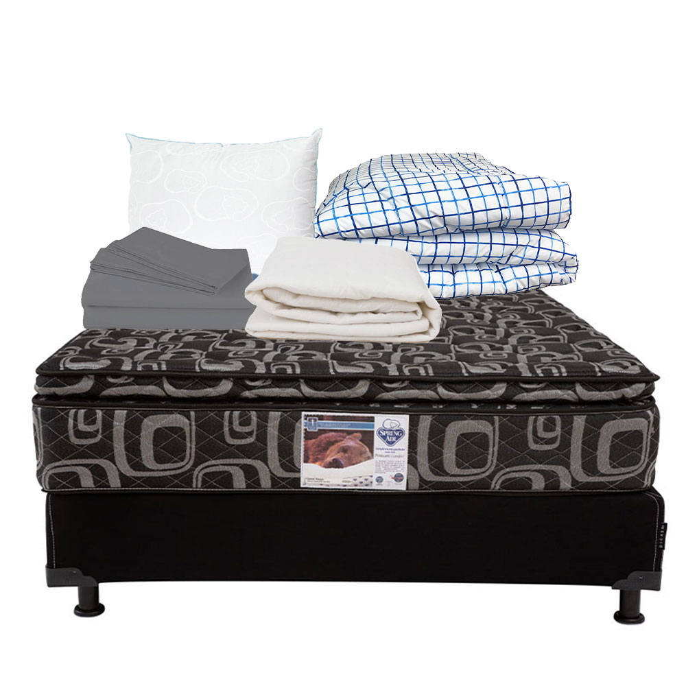 Colchón Spring Air Morgan+ Box Dicasa Black Queen Size + Almohada Oso + Protector de Colchón + Sabanas + Edredón Pale