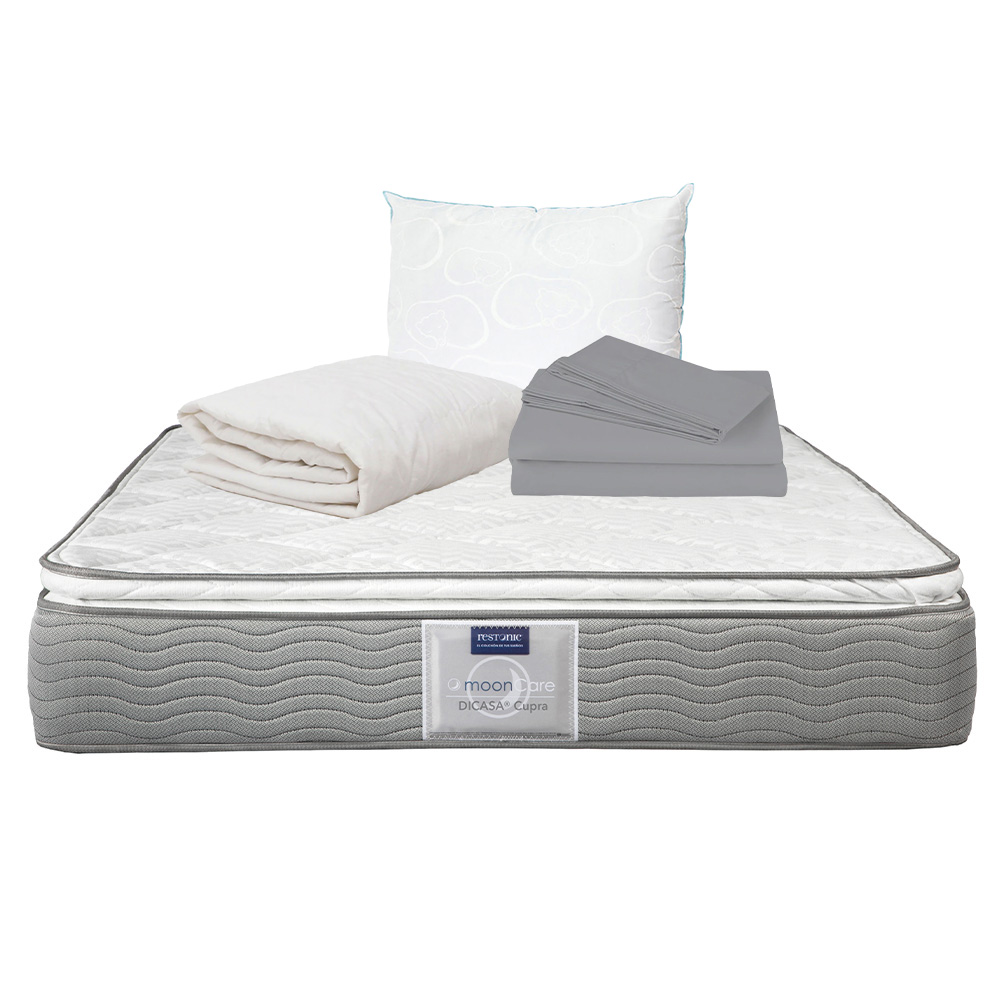 Colchón Restonic Cupra Matrimonial + Almohada Oso + Protector de Colchón + Sábanas