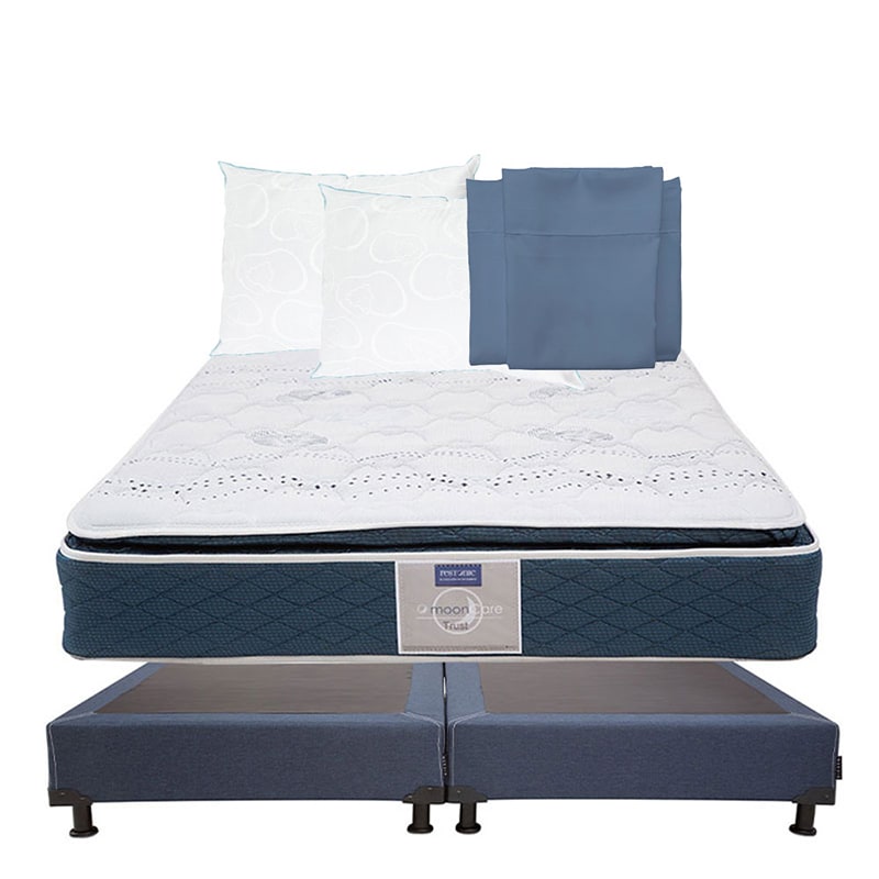 Colchón Restonic Trust King Size + Box Dicasa color Azul King Size + 2 Almohadas Osos + Sábanas $14,199