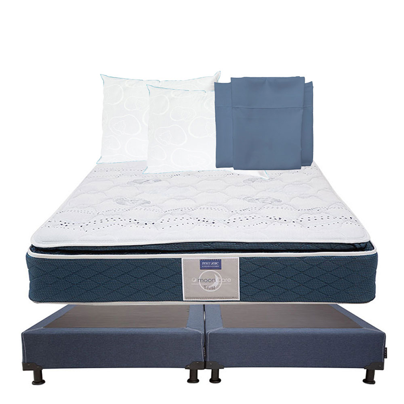 Colchón Restonic Trust King Size + Box Dicasa color Azul King Size + 2 Almohadas Osos + Sábanas