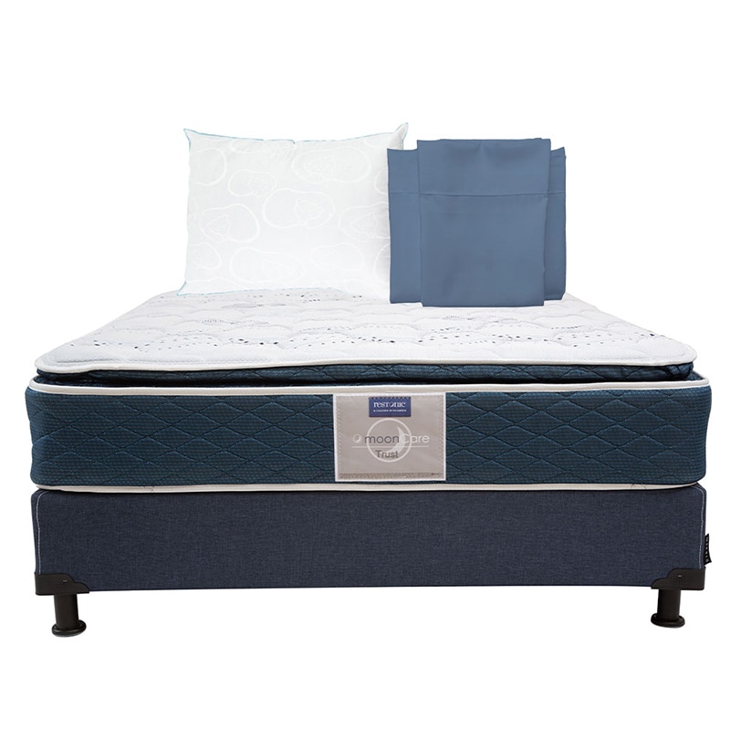 Colchón Restonic Trust Matrimonial + Box Dicasa color Azul + Almohada Oso + Sábanas $8,149