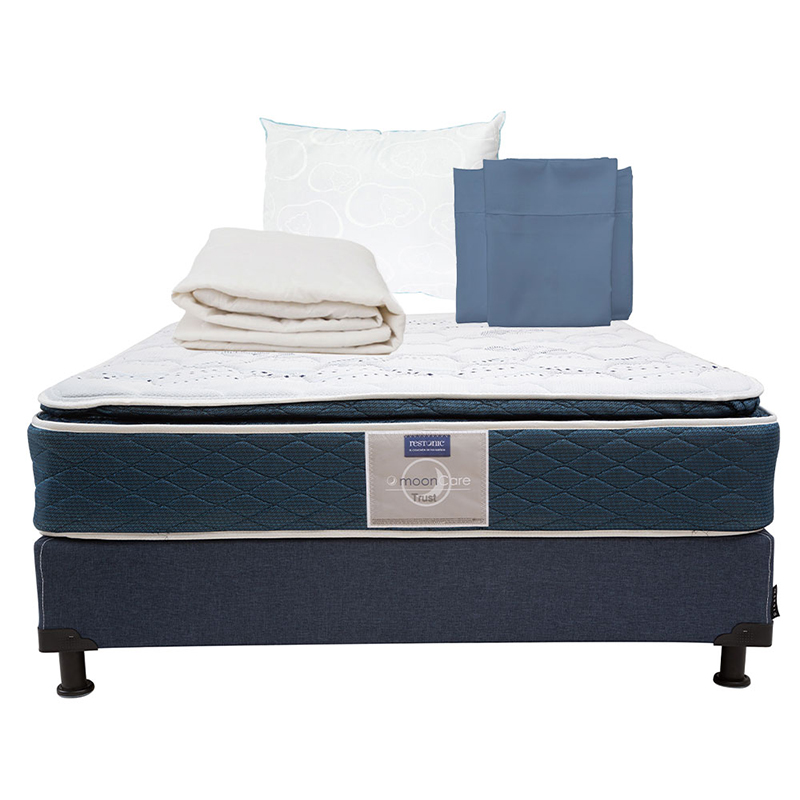 Colchón Restonic Trust Queen Size + Box Dicasa color Azul + Almohada Oso + Protector de Colchón + Sábanas