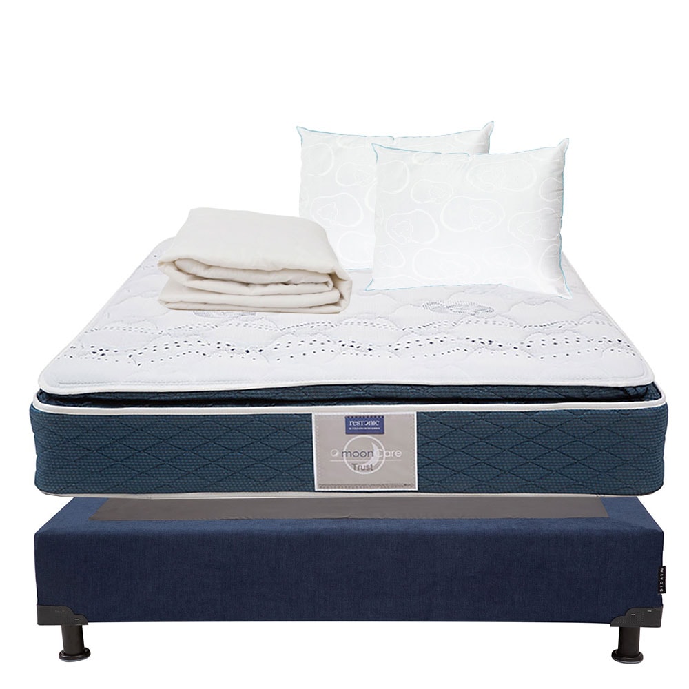 Colchón Restonic Trust Queen Size + Box Dicasa Bless Color Azul + 2 Almohadas Osos + Protector De Colchón $11,449