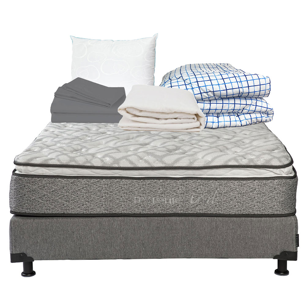 Colchón Restonic Vail Matrimonial + Box Dicasa  + Almohada Osos + Protector + Sábanas + Edredón