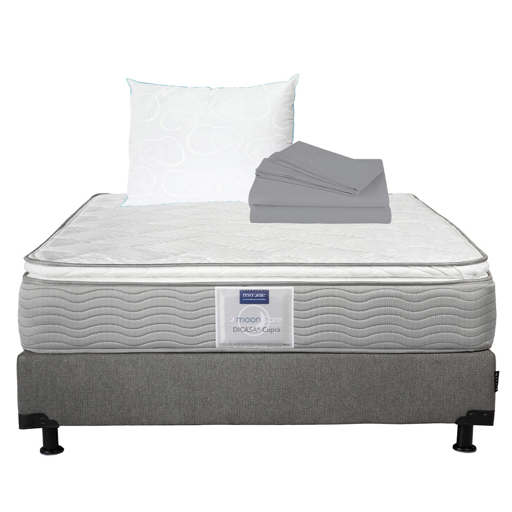 Colchón Dicasa Cupra + Box Dicasa Rivo Gris Matrimonial + Almohada Oso + Sábanas
