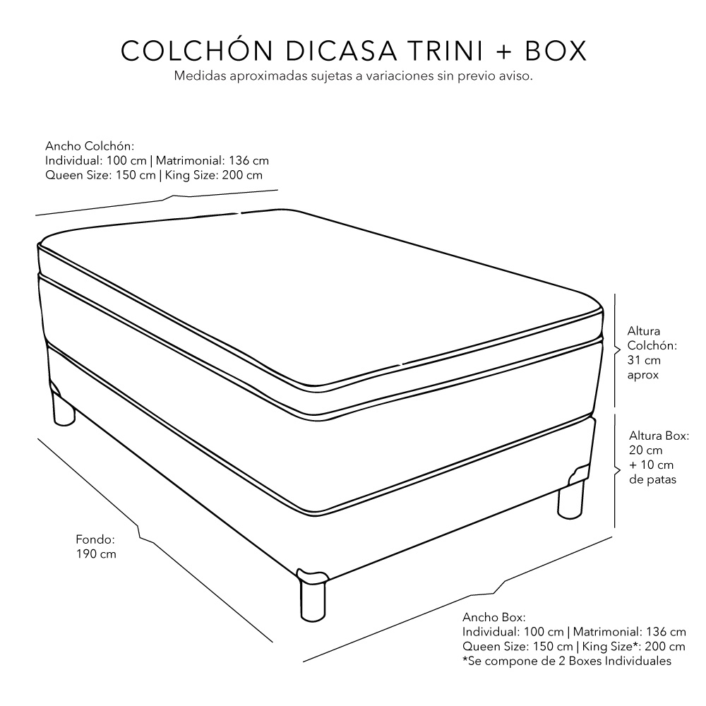 Foto 4 | Colchón Dicasa Trini más Box Dicasa Orly Matrimonial más Almohada Oso más Protector de Colchón más Sábanas más Ed