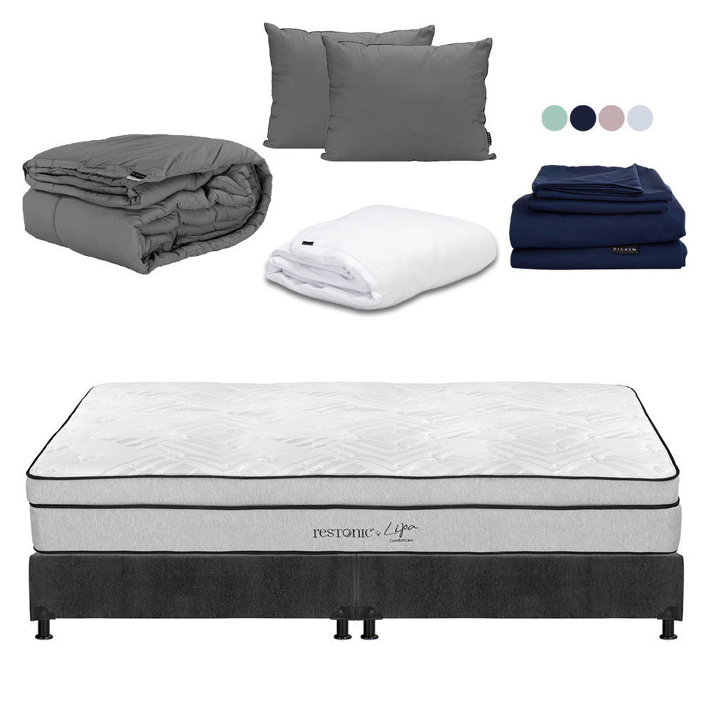 Colchón Restonic Lipa + Box Dicasa King Size + Almohada 2pack + Protector Cloud + Sábanas Softy + Edredon Homy