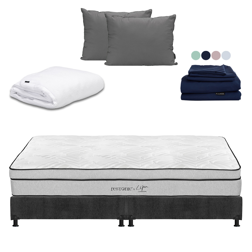 Colchón Restonic Lipa + Box Dicasa King Size + Almohada 2pack + Protector Cloud + Sábanas Softy