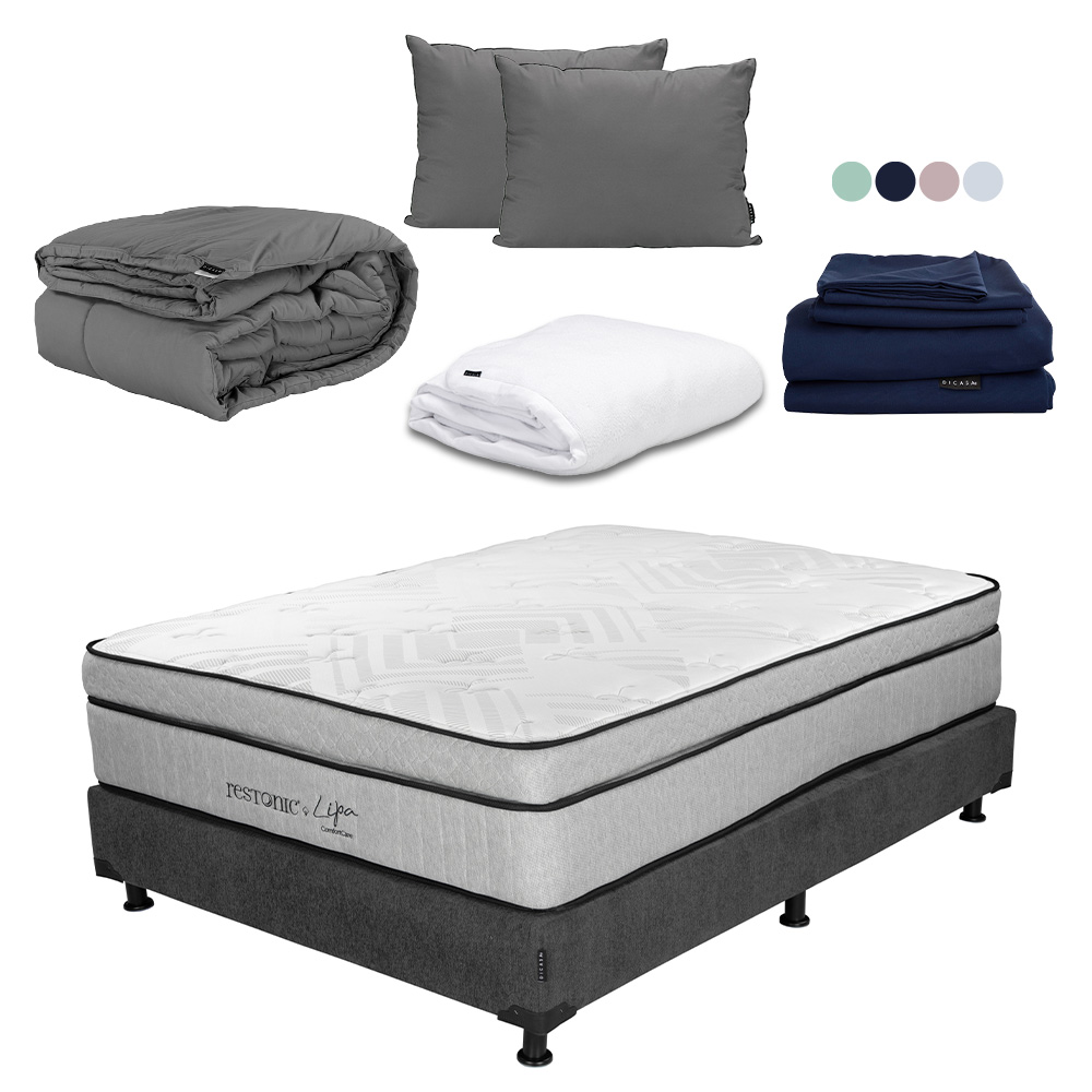 Colchón Restonic Lipa + Box Dicasa Queen Size + Almohada 2pack + Protector Cloud + Sábanas Softy + Edredon Homy