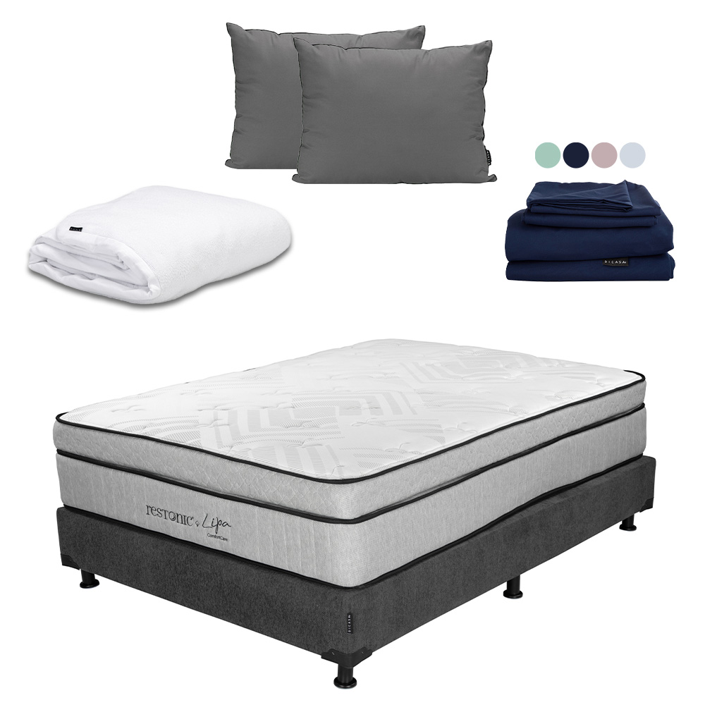 Colchón Restonic Lipa + Box Dicasa Queen Size + Almohada 2pack + Protector Cloud + Sábanas Softy