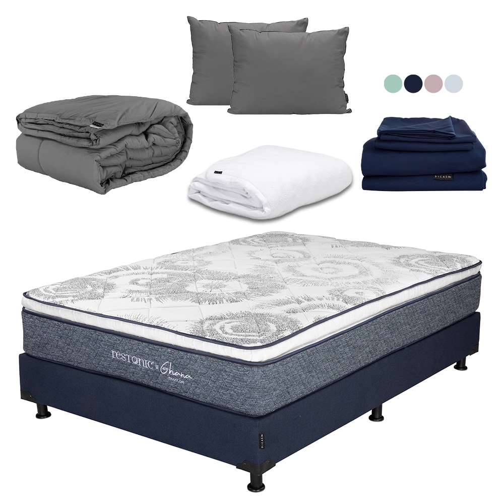 Colchón Restonic Ghana + Box Dicasa Matrimonial + Almohada 2pack + Protector Cloud + Sábanas Softy + Edredon Homy $9,599