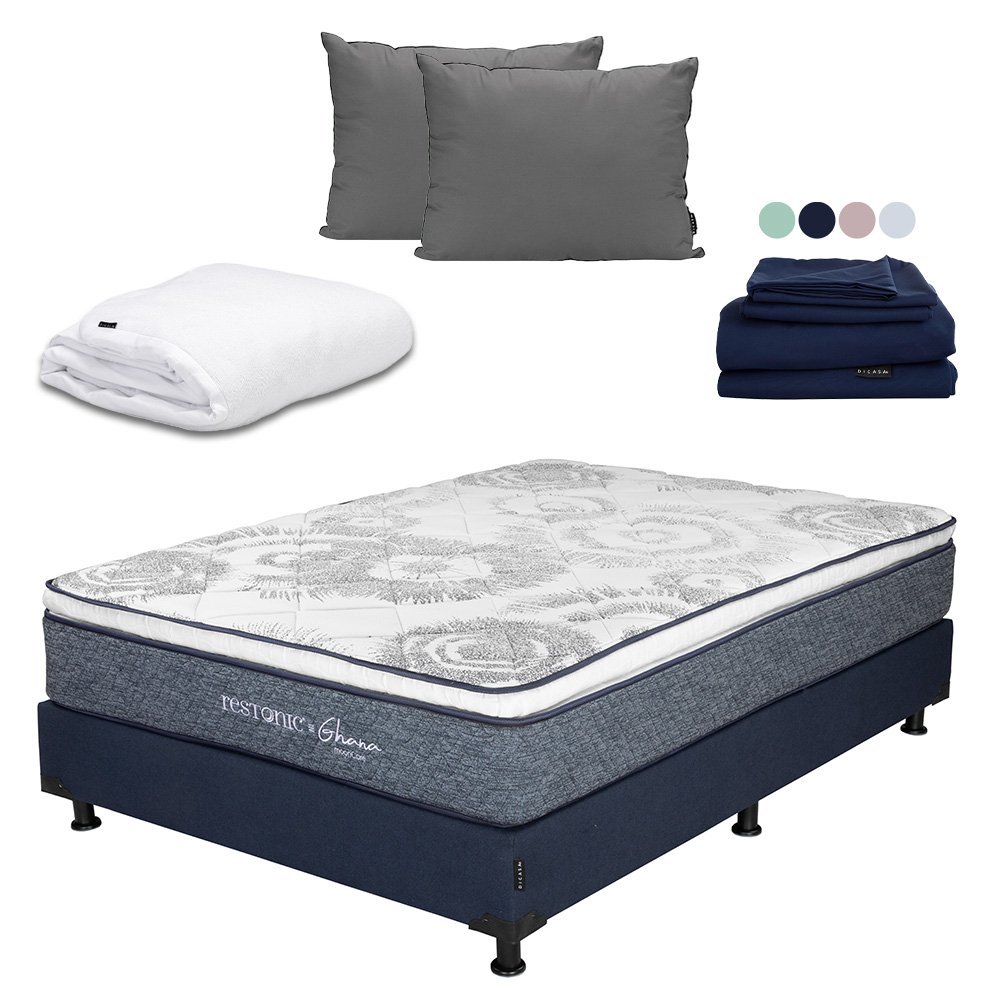 Colchón Restonic Ghana + Box Dicasa Queen Size + Almohada 2pack + Protector Cloud + Sábanas Softy