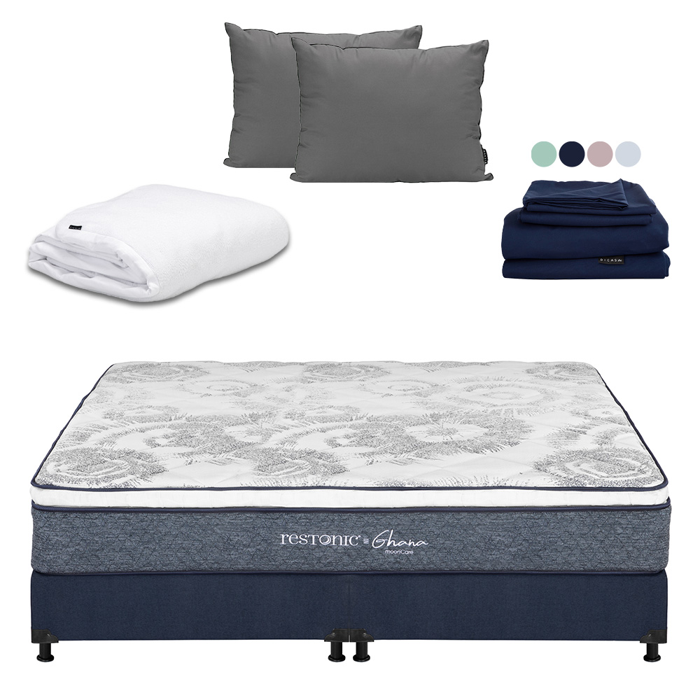 Colchón Restonic Ghana + Box Dicasa King Size + Almohada 2pack + Protector Cloud + Sábanas Softy