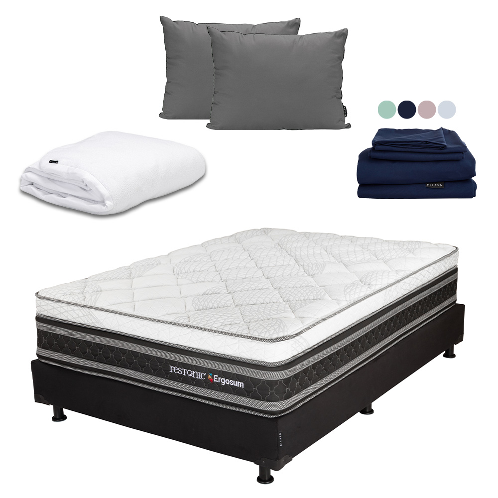 Colchón Restonic Ergosum + Box Dicasa Matrimonial + Almohada 2pack + Protector Cloud + Sábanas Softy