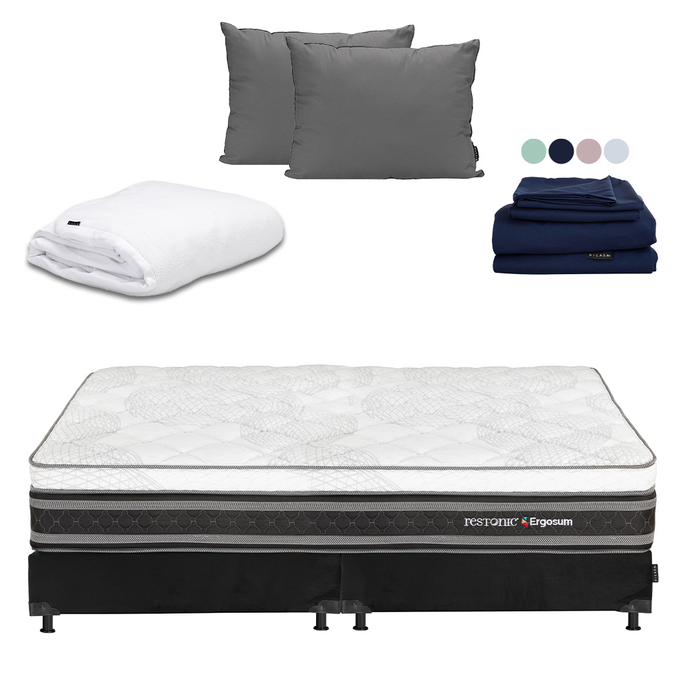 Colchón Restonic Ergosum + Box Dicasa King Size + Almohada 2pack + Protector Cloud + Sábanas Softy