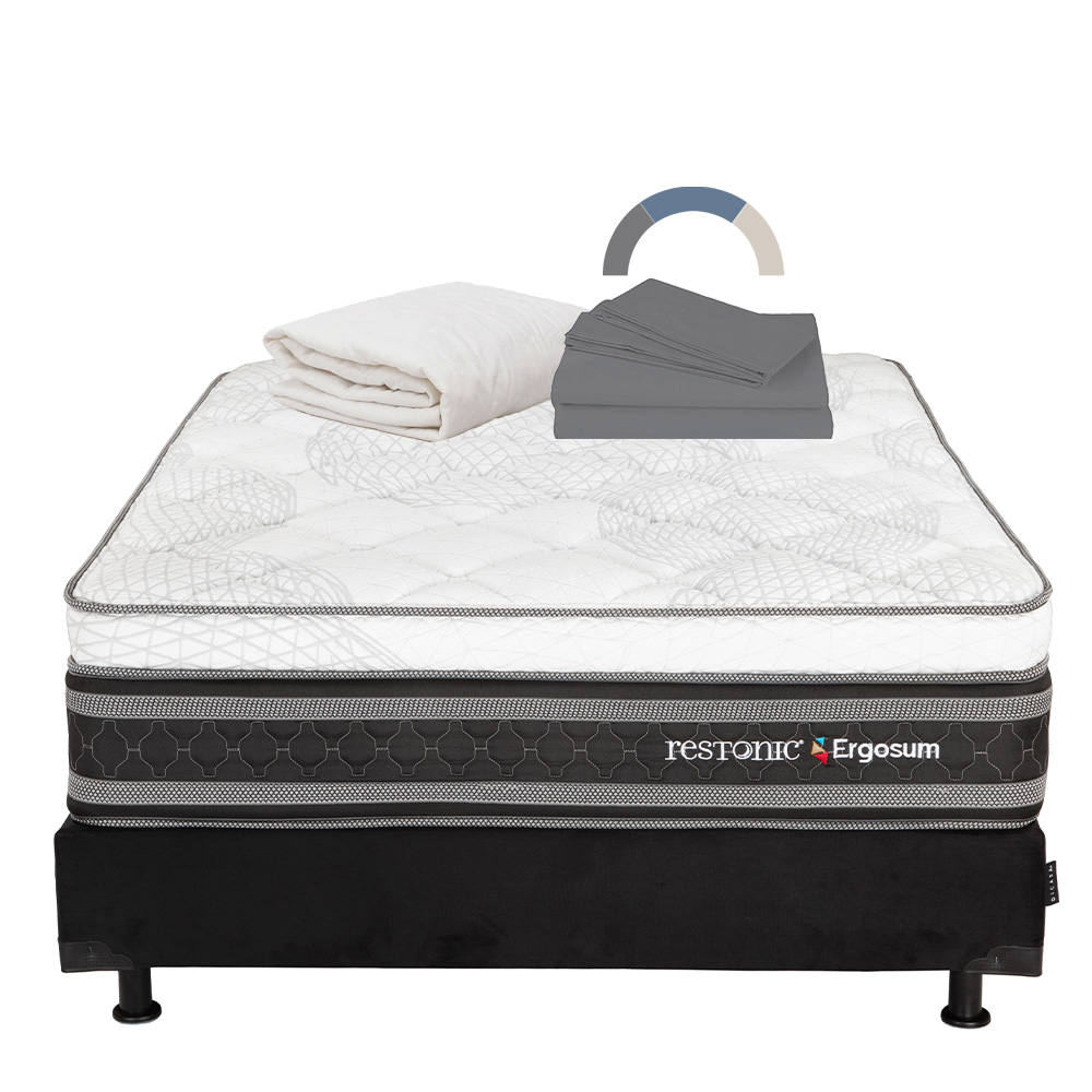 Colchón Restonic Ergosum + Box Dicasa Matrimonial + Protector Ultra + Sábanas Basic