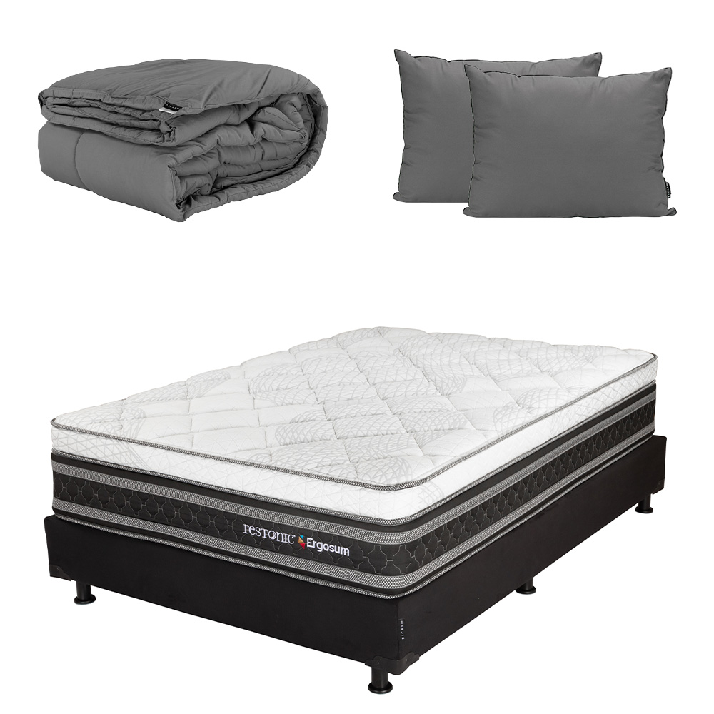 Colchón Restonic Ergosum + Box Dicasa Matrimonial + Almohada 2pack + Edredón Homy