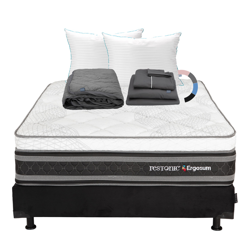 Colchón Restonic Ergosum + Box Dicasa Matrimonial + Almohada Royal Twin + Protector Lux + Sábanas Royal