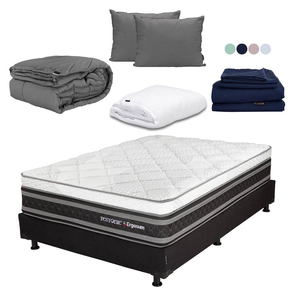 Colchón Restonic Ergosum + Box Dicasa Matrimonial + Almohada 2 pack + Protector Cloud + Sábanas Softy + Edredón Homy