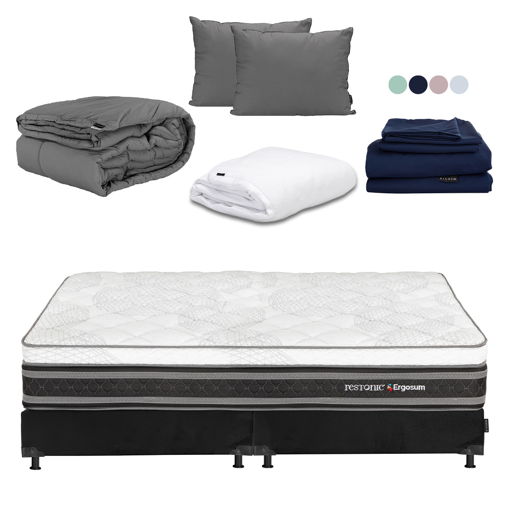Foto 1 | Colchón Restonic Ergosum + Box Dicasa King Size + Almohada 2pack + Protector Cloud + Sábanas Softy + Edredón Homy