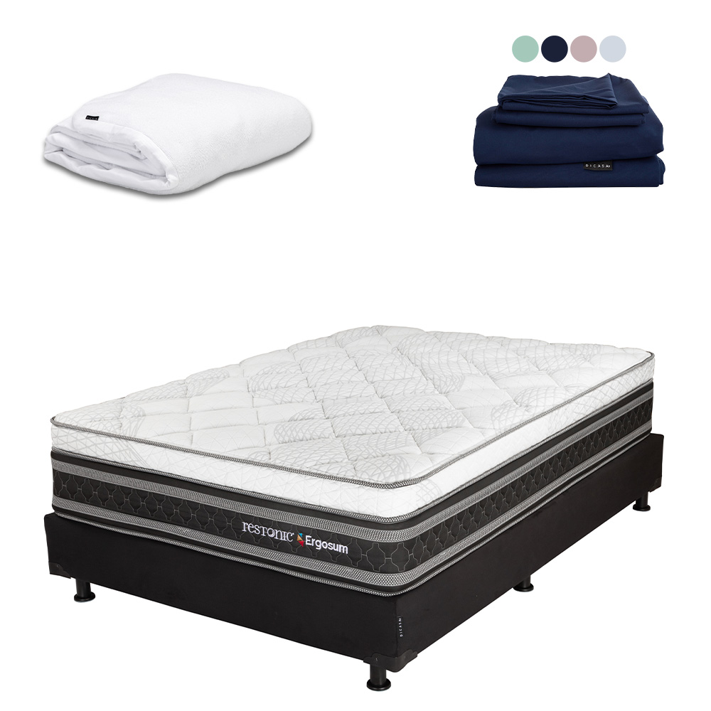 Colchón Restonic Ergosum + Box Dicasa Matrimonial + Protector Cloud + Sábanas Softy