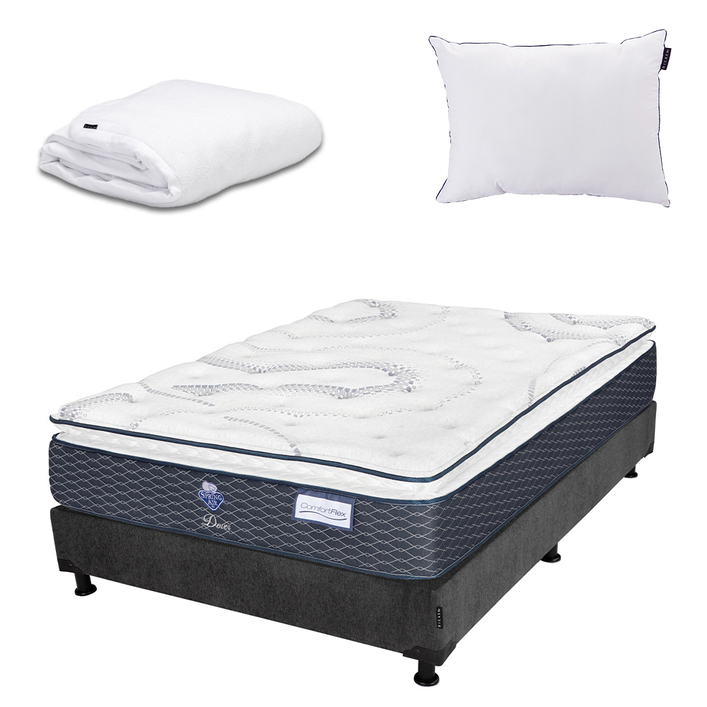 Colchón Spring Air Dover + Box Dicasa Matrimonial + Almohada One + Protector Cloud