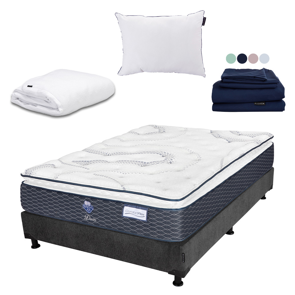 Colchón Spring Air Dover + Box Dicasa Queen Size + Almohada One + Protector Cloud + Sábanas Softy