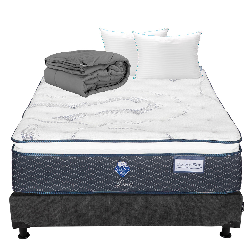 Colchon Spring Air Dover + Box Dicasa Matrimonial + Almohada Royal Twin + Edredon Homy