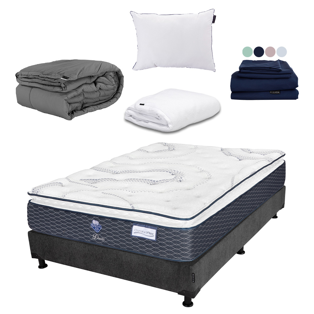 Colchon Spring Air Dover + Box Dicasa Queen Size + Almohada One + Protector Cloud + Sabanas Softy + Edredon Homy