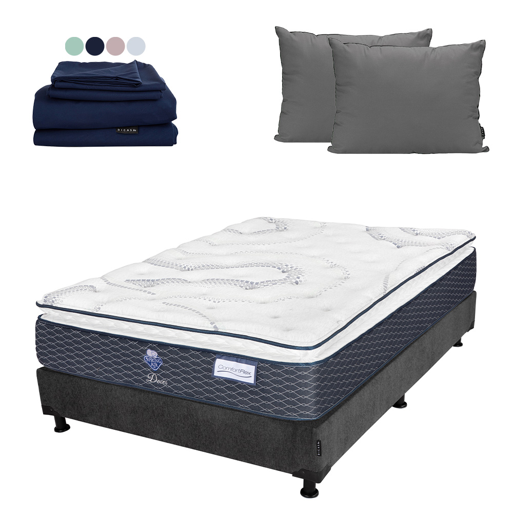 Colchón Spring Air Dover + Box Dicasa Matrimonial + Almohada 2pack + Sábanas Softy