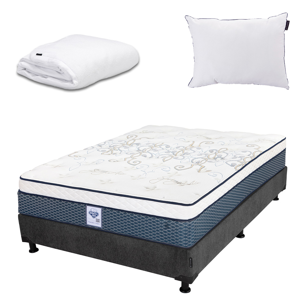 Colchon Spring Air Cantabria + Box Dicasa Queen Size + Almohada One + Protector Cloud